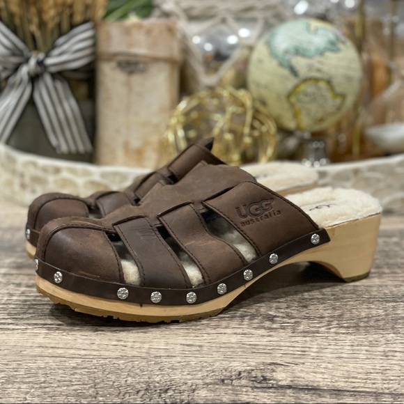 UGG Shoes - UGG Australia Wasabi 1680 Brown Suede Sheepskin Clog Mule Sandals Womens Size 5